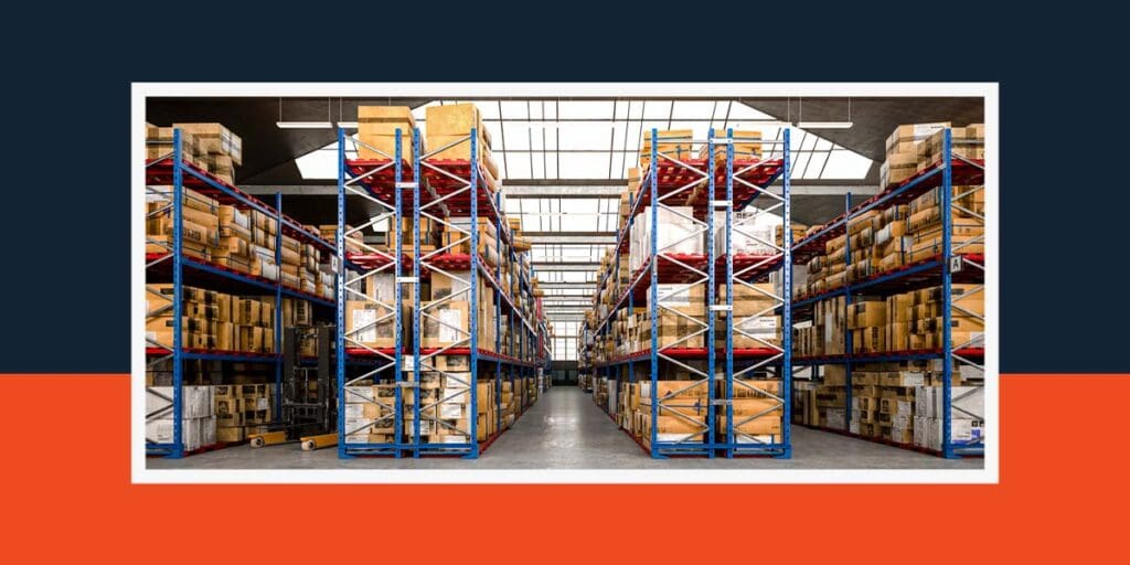 4 rows of pallet racking filled with boxes in a warehouse